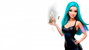 Изображение женского персонажа, держащего стопку монет, рекламирующего приветственный бонус в онлайн-казино Леон в игривом и привлекательном стиле.